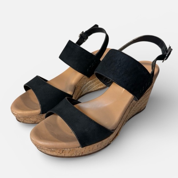 UGG Shoes - UGG Elena Black Leather Platform Wedge Strap Sandal Heels Size 7.5